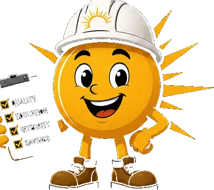 Watts, the Fíor Solar sun mascot, wearing a hard hat